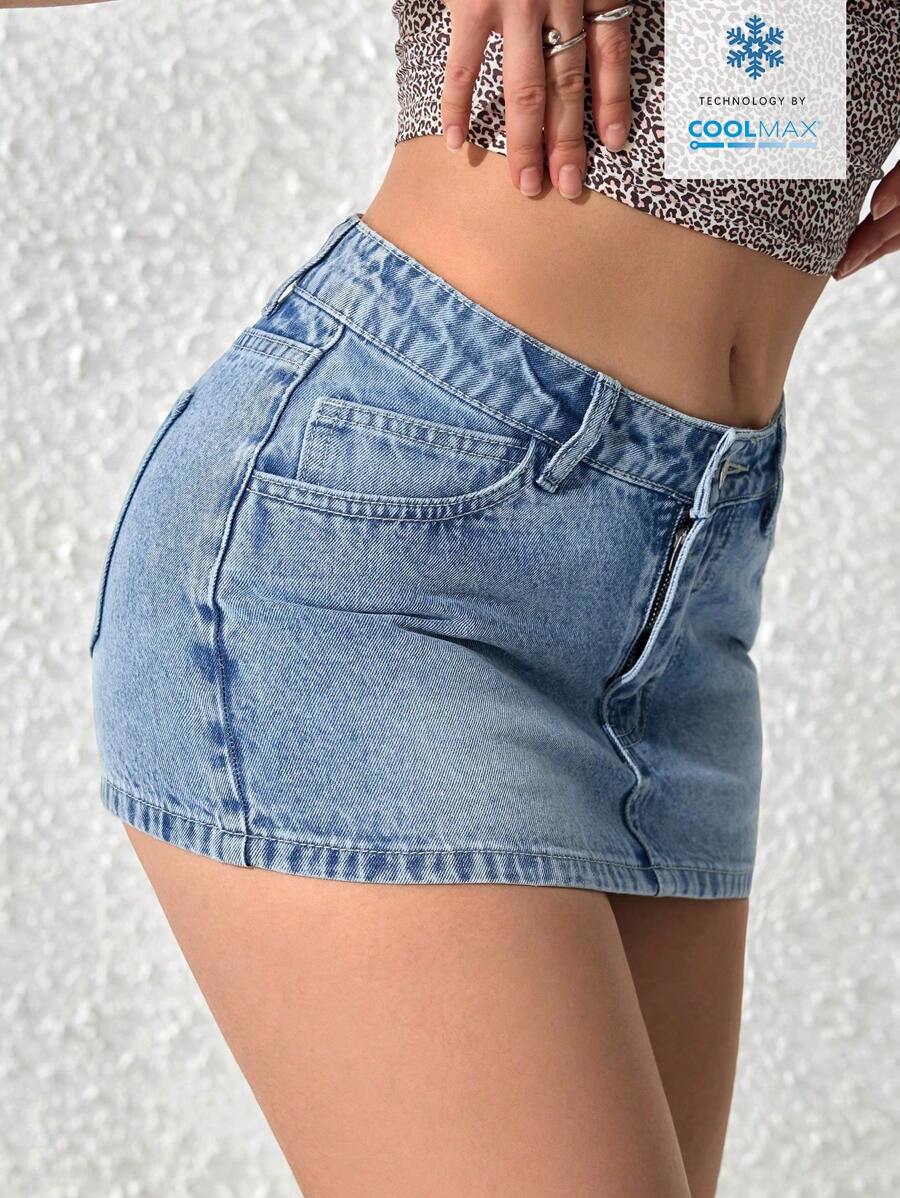 SHEIN PETITE 女式性感低腰修身迷你牛仔裙 - 藍色 - 查看 1