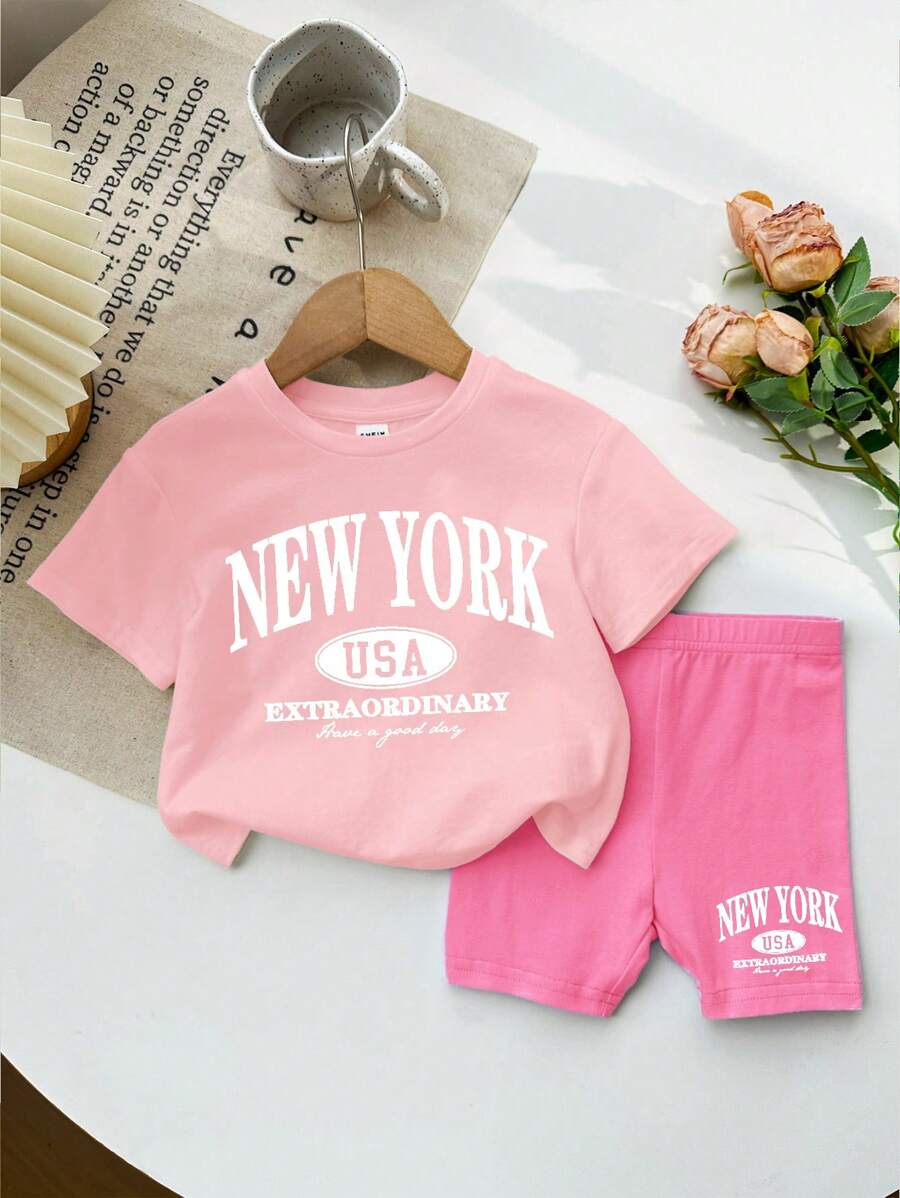 SHEIN Baby Girl Casual Simple Short Sleeve Outfit Set, Suitable For Spring/Summer - Multicolor - View 1