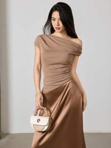 Heiryn Váy chắp vá màu trơn thanh lịch cho nữ - Màu Khaki - Xem 2