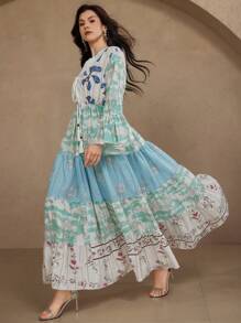 DAZY 夏季度假风格花卉V领女式中长连衣裙 - 綠色 - 查看 1