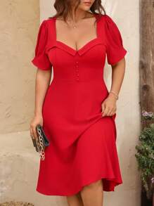 SHEIN Clasi Abito estivo elegante da donna in taglie forti, a maniche a sbuffo, colore unito, adatto per l'uso quotidiano