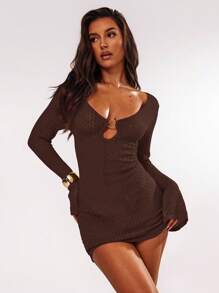 SHEIN BAE Váy dệt kim ôm dáng dài tay cổ chữ V màu trơn dành cho nữ vào mùa thu/đông - Cà phê nâu - Xem 2