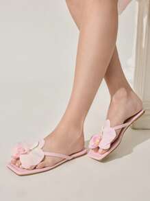 CUCCOO CHICEST Women's Summer New Iris Flower Square Toe Flat Elegant Casual Sweet Light Pink Faux Leather Ladies Flat Sandals Slippers Beach Shoes, Suitable For Afternoon Tea, Dating, Elegant Outfit, Vacation, Beach, Hawaii Island Style