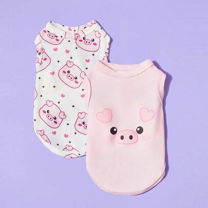 PETSIN 2件装宠物狗/猫粉色可爱卡通猪印花舒适透气狗狗背心