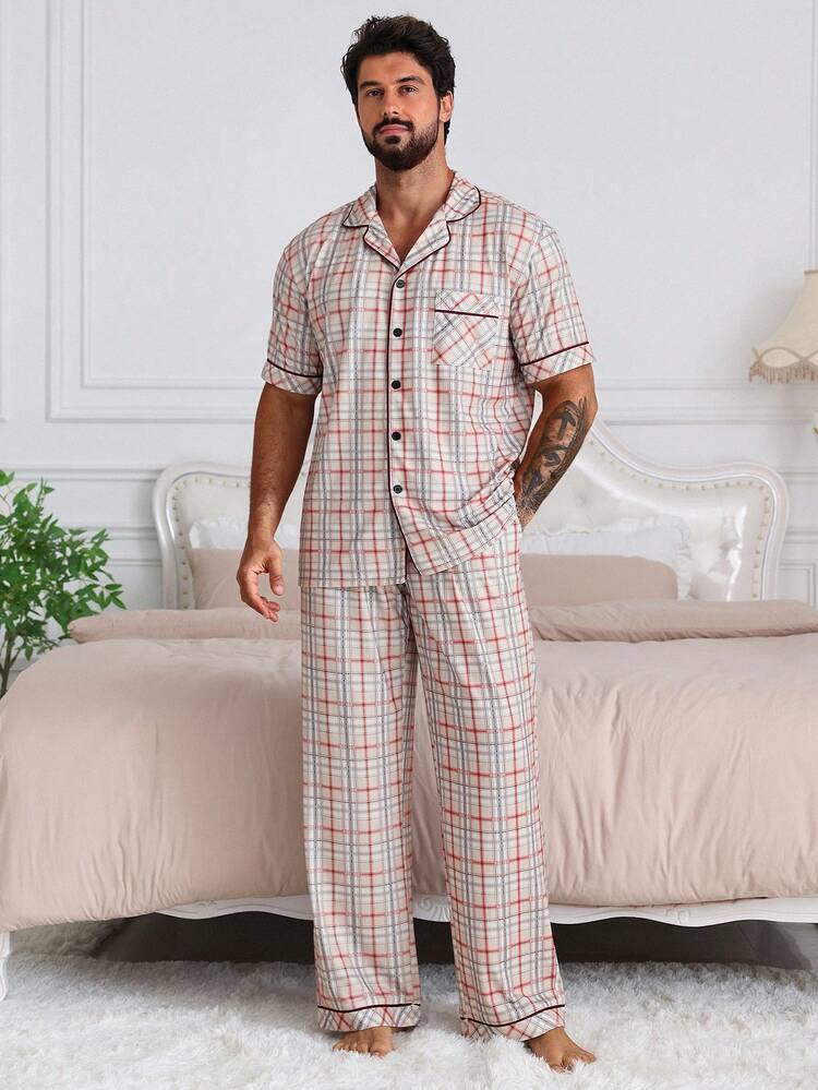 Plain Striped Men Pajama Set, Spring/Summer