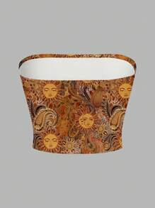 SHEIN EZwear Damski top z nadrukiem boga słońca, odpowiedni na lato i wakacje na plaży - Wielokolorowe - Zobacz 6