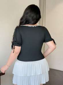 Vibekara Plus Size Summer Ruffle Splice Bow Decor Fitted Short Sleeve T-Shirt - Multicolor - View 2