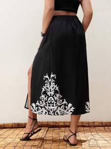 Maija Plus Size Vacation Casual Color Block Print High Slit Skirt Summer Women Vacation Beach Business Casual Woman Going Out Boho Office Festival For Rave Hawaii - Black - View 1