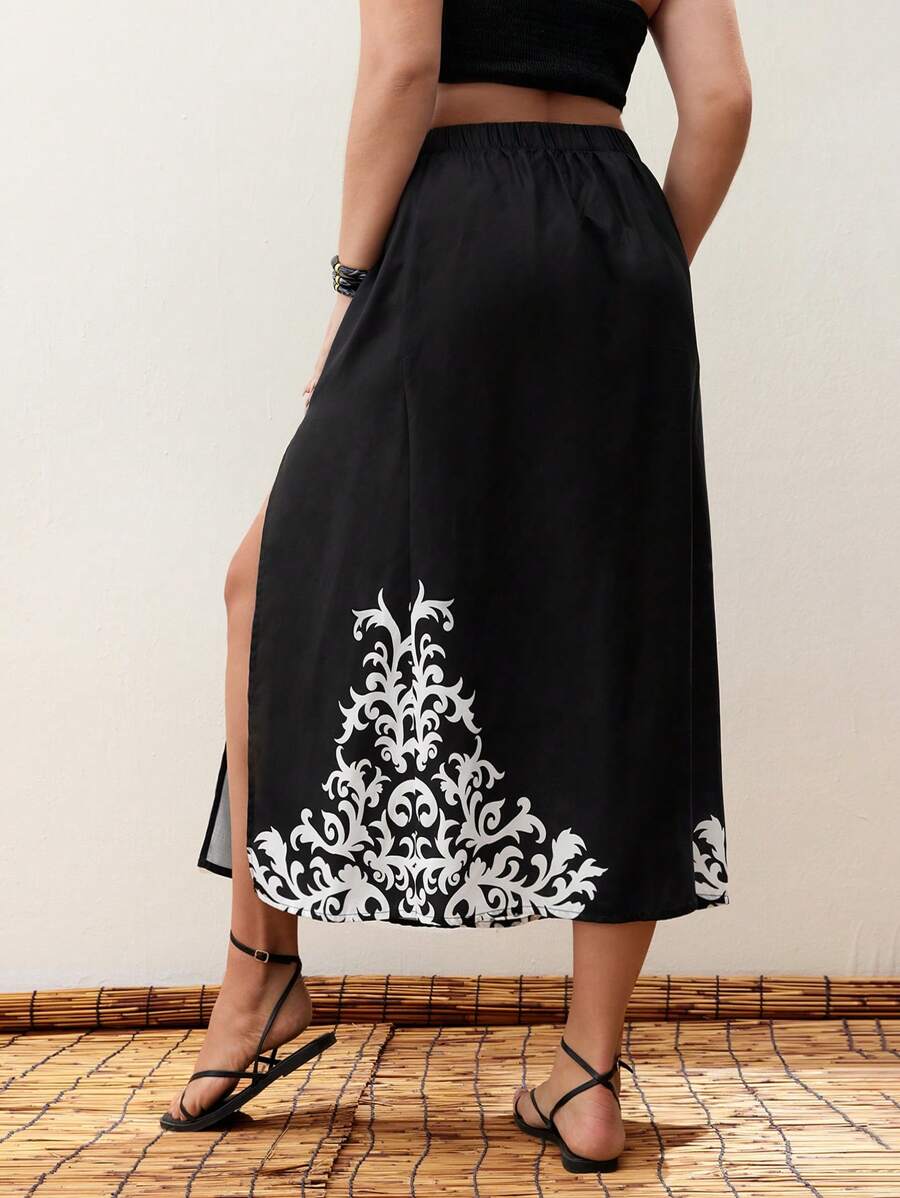 Maija Plus Size Vacation Casual Color Block Print High Slit Skirt Summer Women Vacation Beach Business Casual Woman Going Out Boho Office Festival For Rave Hawaii - Black - View 1