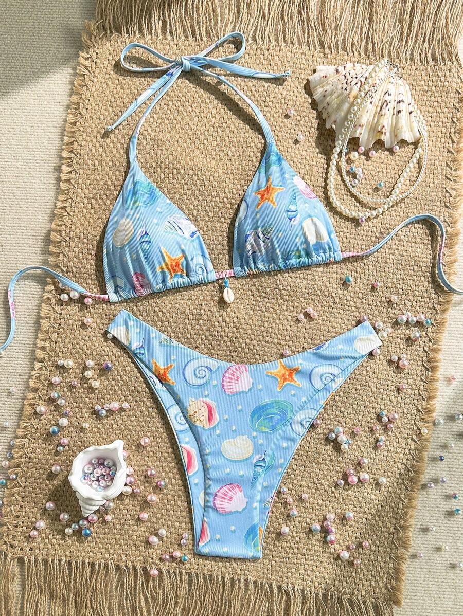 Swim Mod 2pcs/Set Summer Holiday Random Print Ribbed Textured Fabric Shell Accessory Triangle Bikini Top And High-Cut Swim Bottoms Sexy Swimsuit Set - Multicolor - View 1