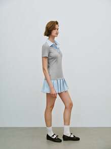 Lumivelle Woven Shirt Overlay Pleated Mini Dress For Women - Light Grey - View 3