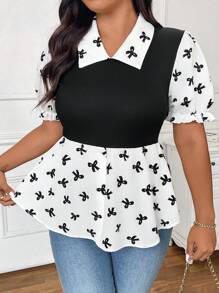 SHEIN Privé 大码优雅学院风二合一黑色拼接蝴蝶结短款泡泡袖衬衫领女式衬衫 - 黑與白 - 查看 1