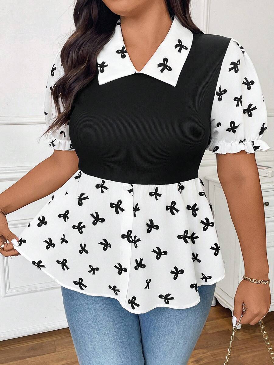 SHEIN Privé 大码优雅学院风二合一黑色拼接蝴蝶结短款泡泡袖衬衫领女式衬衫 - 黑與白 - 查看 1
