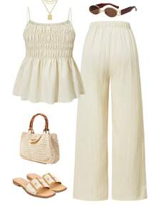 Sparklyn 2pcs/Set Teen Girls Camisole Top & Wide Leg Pants Outfit Set, Casual Suits For Summer Summer Holiday