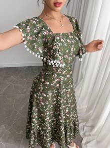 Modelyn 女士碎花荷叶边长连衣裙，女士夏季服装，女装，夏季服装，女士夏季连衣裙 - 軍綠色 - 查看 5