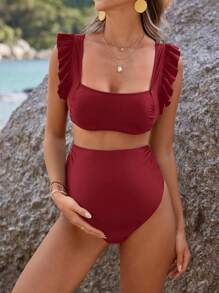 SHEIN Schwangeren Damen Lässig einfarbiger Rüschen Badeanzug & Strandoutfit Set, Sommer