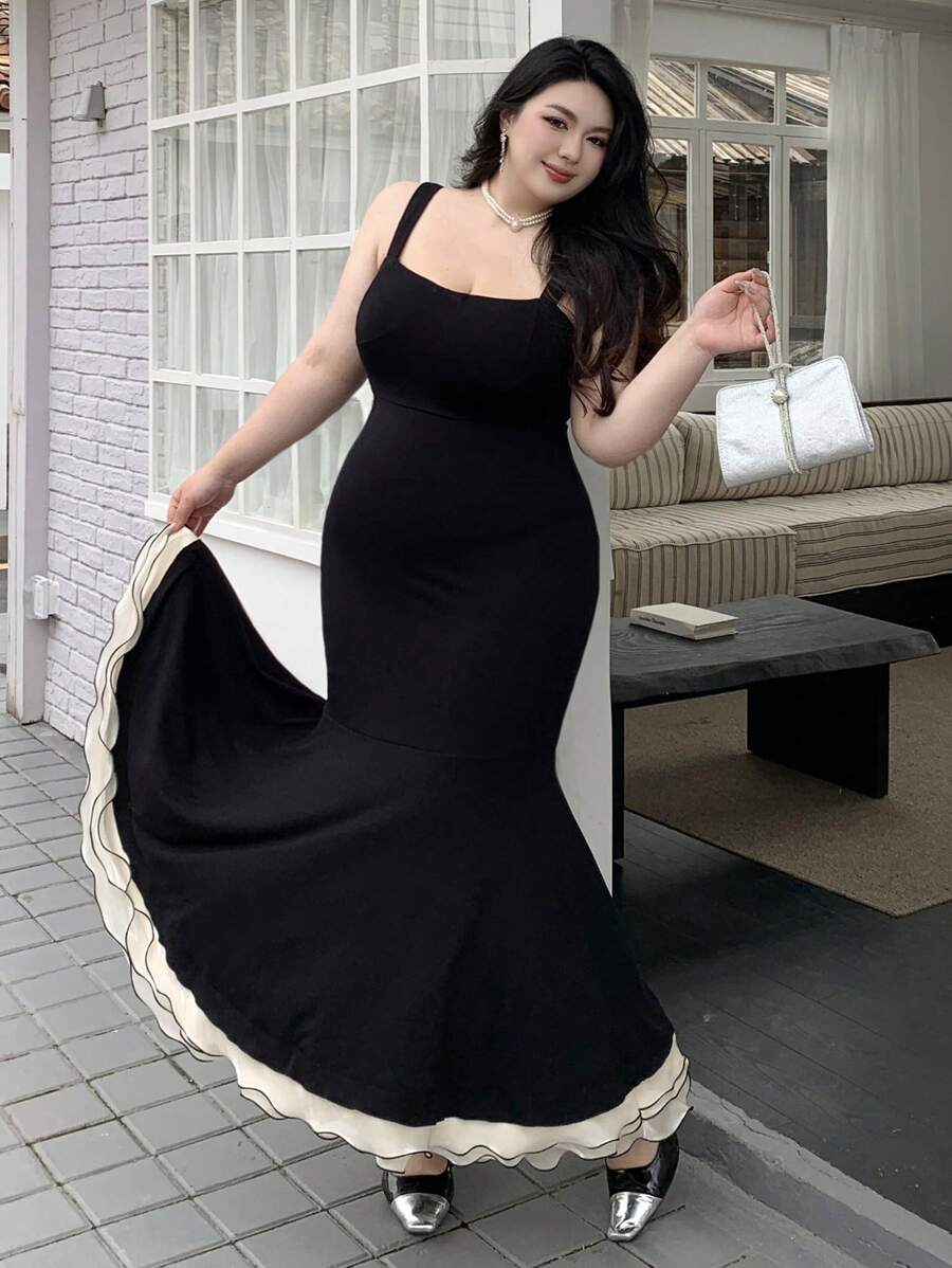 Dazy Plus Plus Size Women Color Block Wrap Front Bow Decor Cami Dress Women Dresses Birthday,Formal Women Dresses - Black - View 1