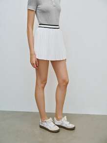 Lumivelle Elastic Waist Contrast Color Pleated A-Line Sports Skirt - White - View 4