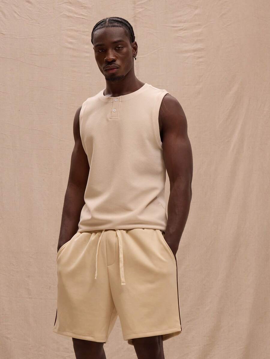 Musero Waffle Collar Button Detail Tank Top Spring, Summer, Holiday - Khaki - View 1