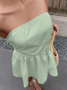 SHEIN Privé Gaun Kasual Liburan Tanpa Tali Bahu dengan Ikatan Depan dan Punggung, Warna Polos Ukuran Besar - Hijau - View 4