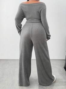 Flirla Plus Size Off-Shoulder Long Sleeve & Pants Velour Jumpsuit - Light Grey - View 2