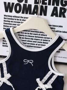 2pcs/Set Young Girl Contrast Color Trim Bow Sleeveless Top And Pleated Skirt Set - Navy Blue - View 4