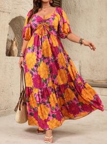 SHEIN Clasi Flowers Birds Plus Size Vacation Style Floral Print Ruched Bust Ruched Hem Dress Tropical Colorblock Floral Print Boho Fashionable Style For Summer - Multicolor - View 3