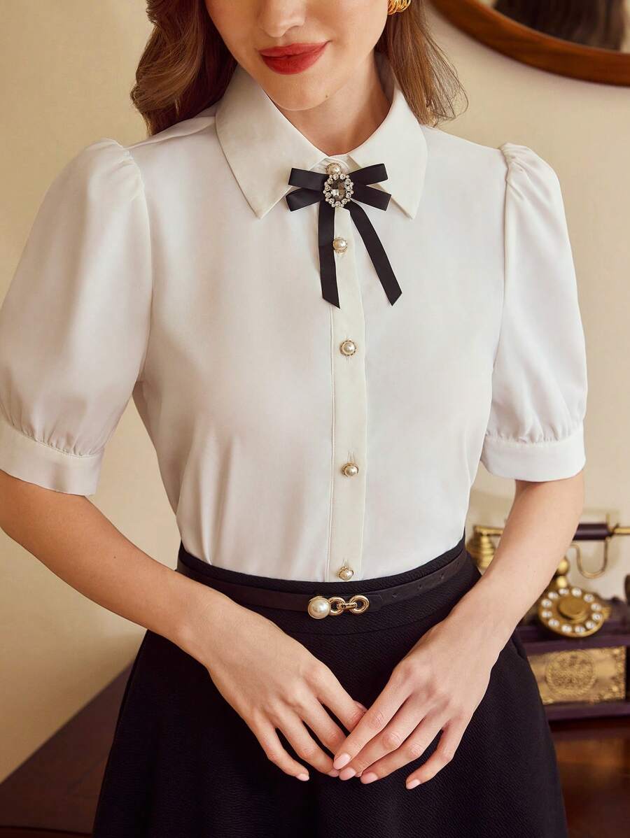 Vintamour 女式复古优雅衬衫配胸针纽扣，夏季白色假期优雅上衣，工作教堂春季乡村音乐会节日上衣