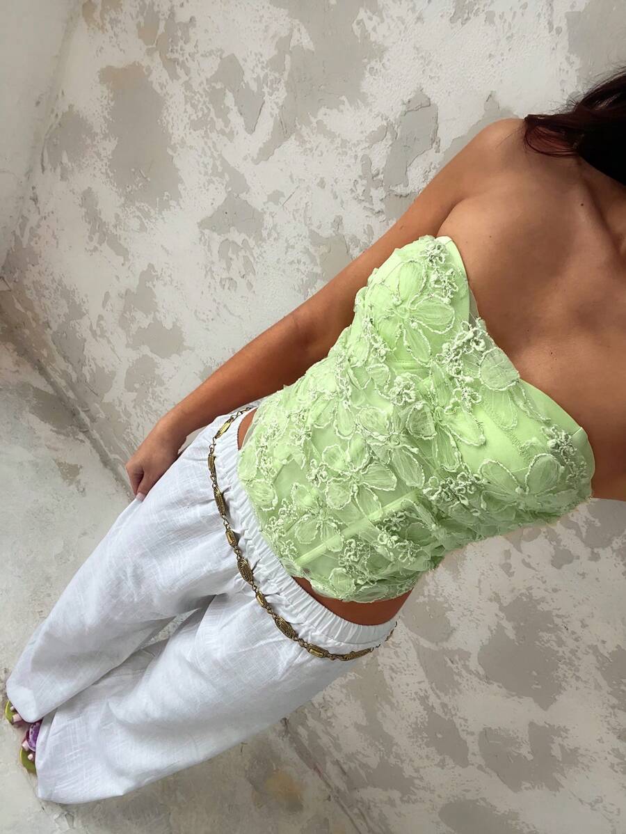 Glamine Top bandeau con envoltura fruncida, forro de encaje y aros para mujer, de color contrastante, sexy y dulce - Multicolor - Ver 1