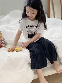 DAZY Young Girl Letter & Rabbit Graphic Short Sleeve T-Shirt And Plaid Pants Pajamas Set,Girls Summer Outfits - Blue - View 3