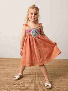 Maija Kids Maija Kids Loose Casual Patchwork Crochet Young Girl Dress - Orange - View 1