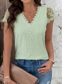 SHEIN Frenchy Dames zomer T-shirt met korte mouwen en kantpatchworkstof