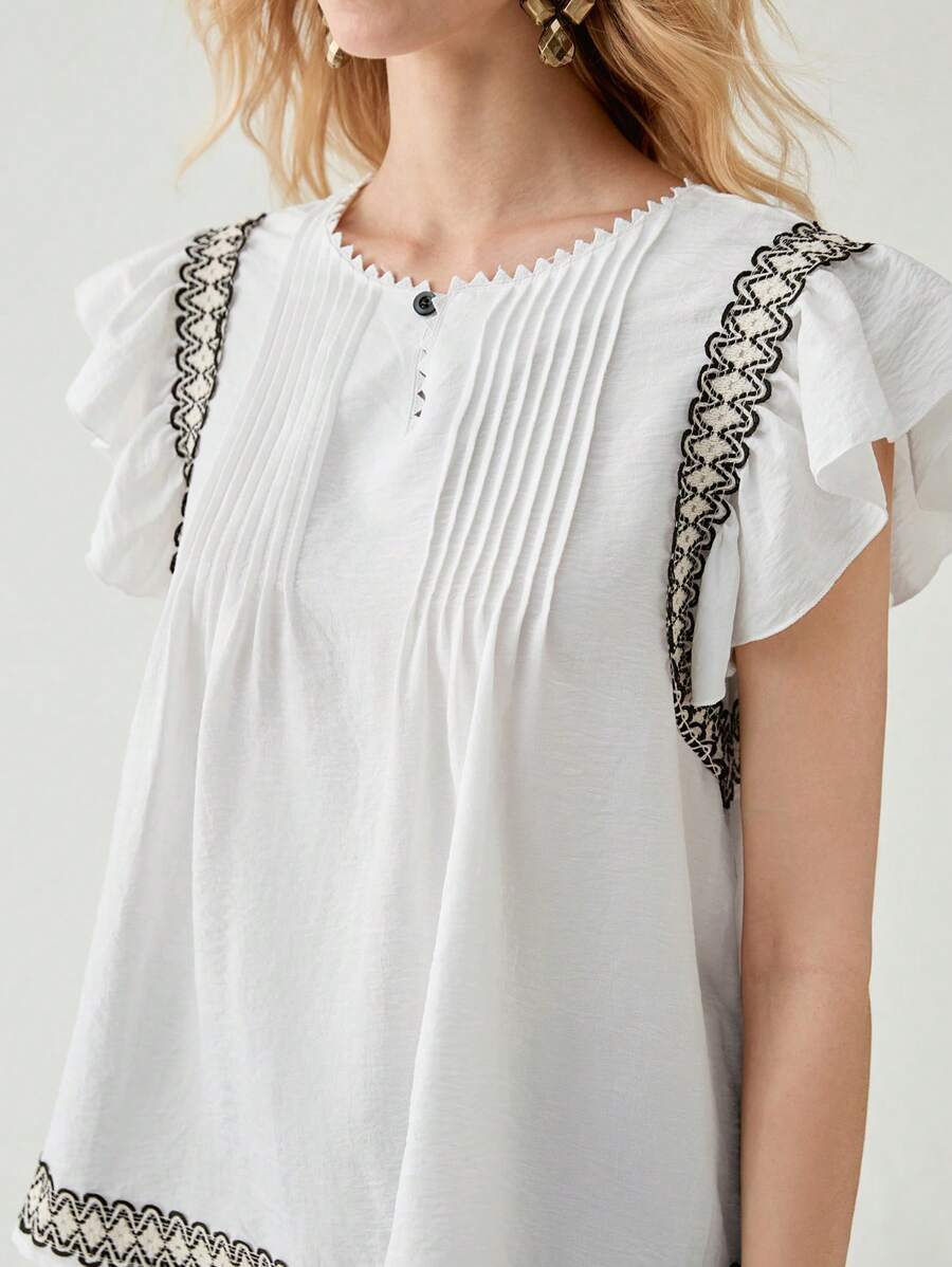 Florisole Blusa plisada de mujer para primavera y verano, camisa mini bohemia con mangas campana, encaje de ganchillo y parches - Blanco - Ver 1