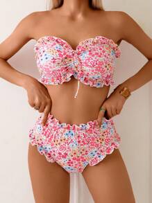 Swim Mod 2pcs Summer Vacation Sexy Ditsy Floral Cutout Halter Bikini Set - Multicolor - View 3