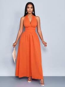 SOLERSUN Women's Elegant Romantic Orange Beach Vacation V-Neck Pleated Sleeveless Backless A-Line Long Dress For Spring Summer Hawaii Women Outfit - Burnt Orange - View 4