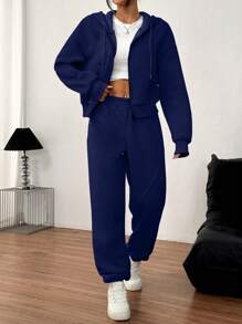 INAWLY 2件套女士纯色连帽运动衫和抽绳裤套装