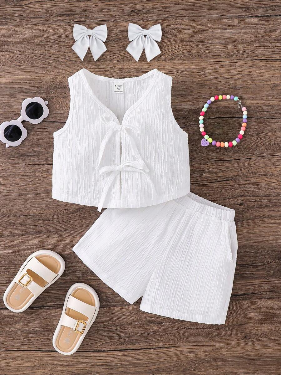 2pcs Set - Young Girl Woven Solid Color Top And Mini Skirt Outfit - Apricot - View 1