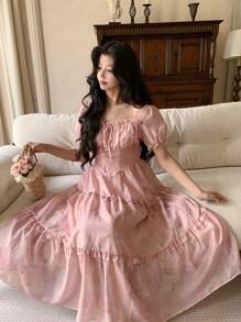 DAZY Đầm dài tay phồng, cổ vuông, in hoa toàn bộ, xếp ly, dành cho nữ. - Hồng - Xem 1