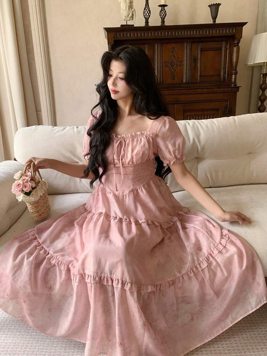 DAZY Đầm dài tay phồng, cổ vuông, in hoa toàn bộ, xếp ly, dành cho nữ. - Hồng - Xem 1