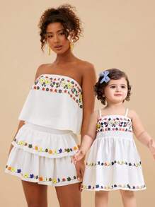 SHEIN Babygirl Cute Summer Vacation White Floral Print Camisole Dress, Mommy And Me Matching Outfits (2 Pieces Sold Separately) - White - View 1