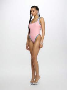 SUMWON WOMEN Classic Scoop Neck One Piece Swimsuit With Contrast Binding High Cut Leg Retro Style Spring Summer Beach Pool Vacation Swimwear - Dusty Pink - View 5