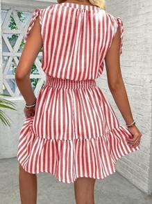 Calvaya Blue & White Striped Summer Dress With Shoulder Ruffle Bowknot And Waist Cinching For Women, Cotton
