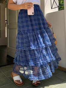 Dazy Plus Elastic Waist Plaid Chiffon A-Line Skirt, Spring/Summer