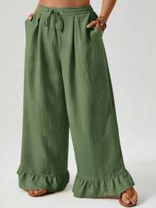 SHEIN VCAY Plus Size Women Wide Leg Pants With Waist Tie And Ruffled Hem,Summer Pants - Green - View 7