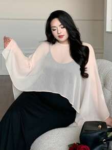 Dazy Plus Plus Size Crew Neck Sheer Batwing Sleeve Asymmetrical Hem Elegant Sheer Top,Crop Tops Women