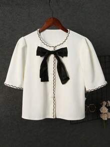 Chiquease Blusa de manga corta con moño y ribete de encaje en estilo francés elegante de Rafferiza, adecuada para primavera/verano/otoño/invierno, ropa de mujer para conciertos, elegante, vestidos de noche, apropiada para uso diario, commute, temporada de bodas/festivales de música