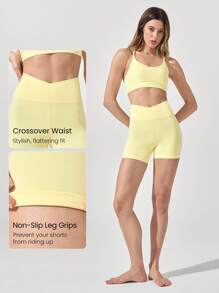 GLOWMODE 4.3" FeatherFit™ Crossover Anti-Slip Biker Shorts With Built-In Seamless Shorts Low Impact Yoga Daily Gym