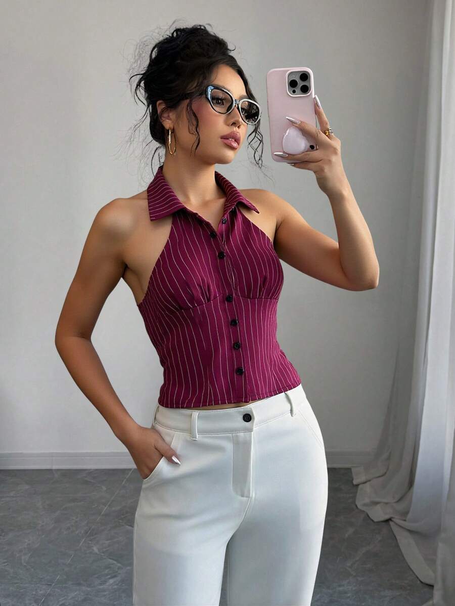 Chiquease Áo khoác Blazer không tay kẻ sọc kiểu Pháp vừa vặn & sang trọng - Màu Đỏ Sâu - Xem 1