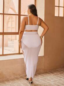 Swim Oasis Plus Size Women's 3-Piece Set: Black Detachable Strap Bandeau Top, High Waist Pants, Gold Decor Accessories And Black Mesh Beach Cover-Up, Summer Vacation - White - View 8