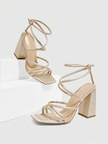 CUCCOO SZL 女士时尚可调节扣式粗跟凉鞋 - 杏色 - 查看 3